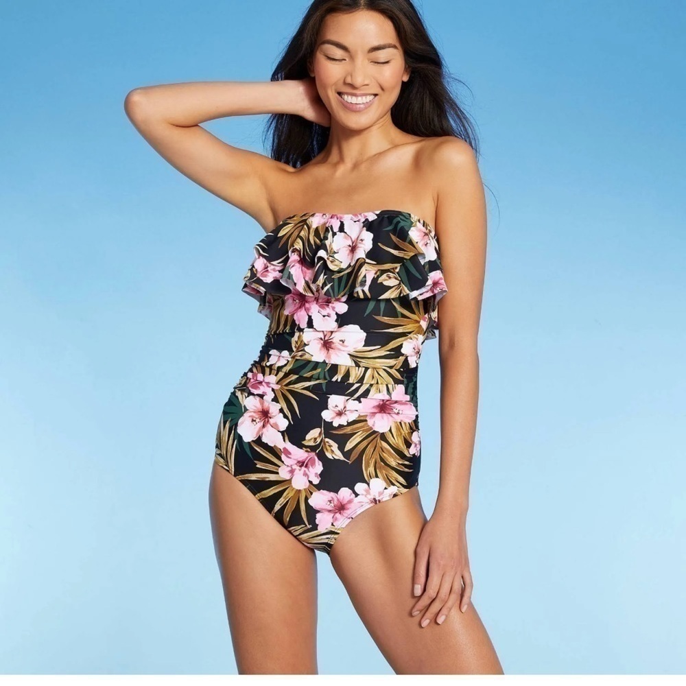 Women Ruffle Front Floral One Piece Swimsuit - Kona Sol Black Multi